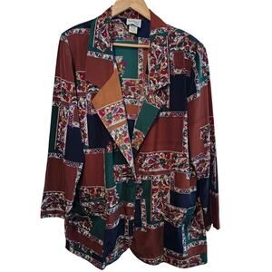Vintage Blazer Womens Size 16 Brown 80s Abstract Patchwork Silky Golden Girls